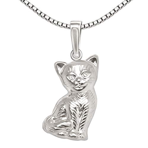 CLEVER SCHMUCK Set Silberner Damen Anhänger Katze sitzend, beidseitig plastische Form, Fell detailliert mit Kette Venezia 45 cm Sterling Silber 925 von CLEVER SCHMUCK