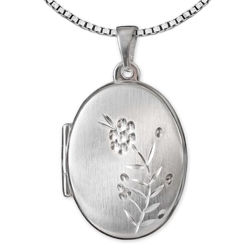CLEVER SCHMUCK Damen Halskette Medaillon Anhänger oval 21 mm matt mit verzierter Blumenranke Kette Venezia 50 cm Sterling Silber 925 im Schmucketui creme von CLEVER SCHMUCK