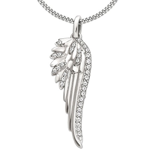 CLEVER SCHMUCK Set Silberner Damen Anhänger großer Flügel 31 mm plastische Form viele Zirkonia weiß glänzend & Kette Panzer 45 cm Sterling Silber 925 von CLEVER SCHMUCK