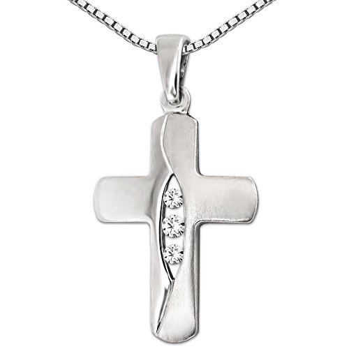 CLEVER SCHMUCK Damen Halskette Kreuzanhänger 16 mm mit 3 Spann Zirkonias mittig untereinander, rechts glänzend, links seidenmatt Venezia Kette 45 cm 925 Sterling Silber im Schmucketui von CLEVER SCHMUCK