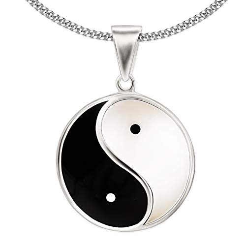 CLEVER SCHMUCK Set Silberner Damen Herren Halskette Anhänger großer Yin Yang Ø ca. 23 mm schwarz und weiß lackiert glänzend mit Kette Panzer 60 cm Sterling Silber 925 in Geschenkverpackung von CLEVER SCHMUCK