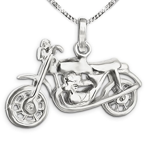 CLEVER SCHMUCK Herren Halskette Anhänger Oldtimer 3D Motorrad 24 x 14 mm Vorderrad beweglich Kette Panzer 55 cm 925 Sterling Silber im Etui blau von CLEVER SCHMUCK