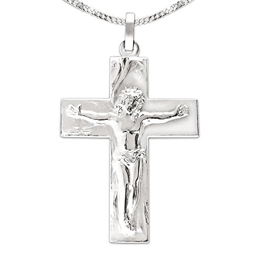 CLEVER SCHMUCK Silberner Herren Anhänger großes breites Jesus Kreuz 30 mm glänzend & Kette Panzer 55 cm 925 Sterling Silber im Kreuz-Etui von CLEVER SCHMUCK