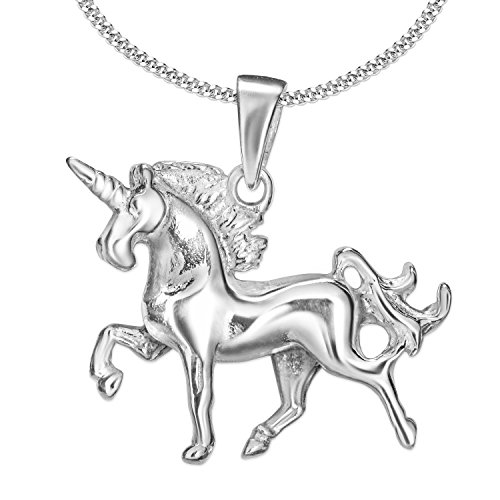 CLEVER SCHMUCK Einhorn Halskette Anhänger schlicht 19 x 15 mm beidseitig plastische 3D-Form glänzend mit Kette Panzer 40 cm 925 Sterling Silber für Mädchen Damen von CLEVER SCHMUCK