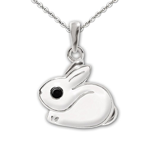 CLEVER SCHMUCK Set Silberner Kinder Anhänger Hase 12 x 11 mm Fell weiß lackiert Augen schwarz glänzend mit Kette Anker 40 cm Sterling Silber 925 für Kinder von CLEVER SCHMUCK