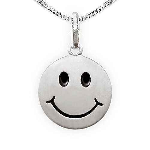 CLEVER SCHMUCK Set Silberner Kinder Anhänger Smiley rund Ø 12 mm seidenmatt Augen und Mund schwarz lackiert und Kette Panzer 40 cm Sterling Silber 925 von CLEVER SCHMUCK