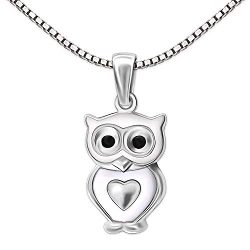 CLEVER SCHMUCK Set Silberner Kinder Anhänger kleine Eule 12 mm weiß lackiert mit Mini Herz & Kette Venezia 40 cm Sterling Silber 925 von CLEVER SCHMUCK