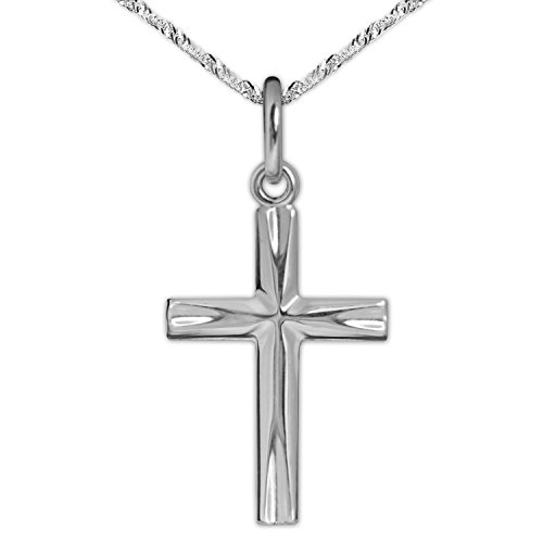 CLEVER SCHMUCK Kreuzkette kleines Silberkreuz 17mm Enden eingekerbt verziert Kette Singapur 45 cm 925 Sterling Silber im Kreuz-Etui weiß von CLEVER SCHMUCK