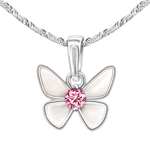 CLEVER SCHMUCK Set Silberner Kleiner Kinder Anhänger Mini Schmetterling 8 x 10 mm Flügel weiß lackiert mit rosa Zirkonia mittig & Kette Singapur 40 cm Sterling Silber 925 im Etui rosa von CLEVER SCHMUCK