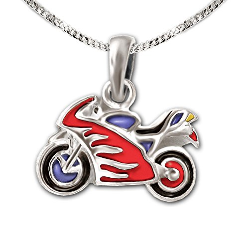 CLEVER SCHMUCK Halskette kleiner Motorrad Anhänger 12 x 7 mm bunt lackiert und Kette Panzer 925 Sterling Silber für Junge, Kinder, Mädchen im Schmucketui von CLEVER SCHMUCK