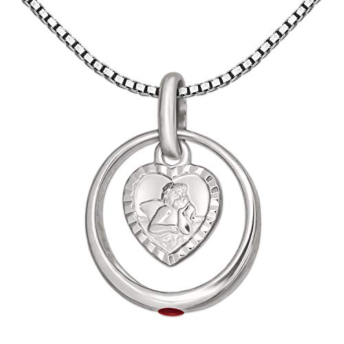 CLEVER SCHMUCK Set Silberner Mädchen Taufring mit Zirkonia rubinrot und Engel herzförmig & Kette Venezia 36 cm STERLING SILBER 925 im Etui Taufe weis von CLEVER SCHMUCK