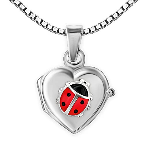 CLEVER SCHMUCK Mädchenkette Marienkäfer rot schwarz lackiert Anhänger Mini Herz 10mm aufklappbar gewölbt Kette Venezia 40 cm Sterling Silber 925 im Schmucketui von CLEVER SCHMUCK