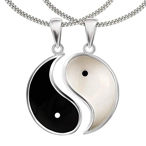 CLEVER SCHMUCK Set Silberner geteilter Yin Yang Anhänger Ø 18 mm schwarz und weiß lackiert glänzend mit 2 Ketten Panzer jeweils 45 und 50 cm STERLING SILBER 925 für Damen und Herren im Etui weiß von CLEVER SCHMUCK