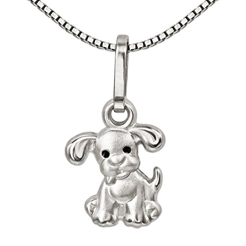 CLEVER SCHMUCK Set Silberner sehr Kleiner Kinder Anhänger Mini Hund mit schwarzen Augen & Kette Venezia 38 cm Sterling Silber 925 für Mädchen im Etui rosa von CLEVER SCHMUCK