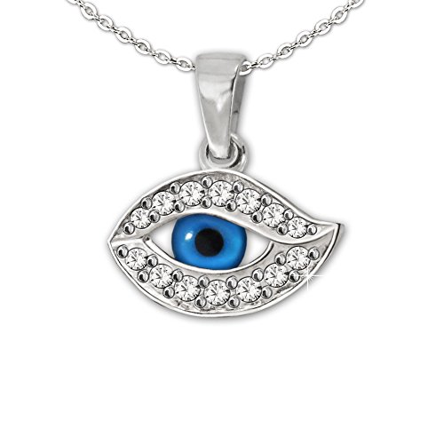 CLEVER SCHMUCK Damen Halskette sehendes Auge Anhänger 8 x 14 mm, klein, blau, viele Zirkonia weiß glänzend mit feiner Kette Anker 45 cm 925 Sterling Silber im Schmucketui von CLEVER SCHMUCK