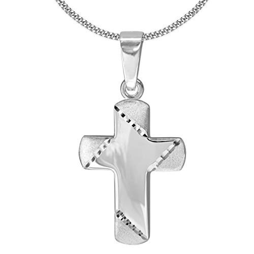 CLEVER SCHMUCK Kreuzhalskette Silberkreuz 15 x 12 mm leicht gewölbt mit verzierten Kreuzenden diamantiert & Kette Panzer 42 cm 925 Sterling Silber im Kreuz-Etui von CLEVER SCHMUCK