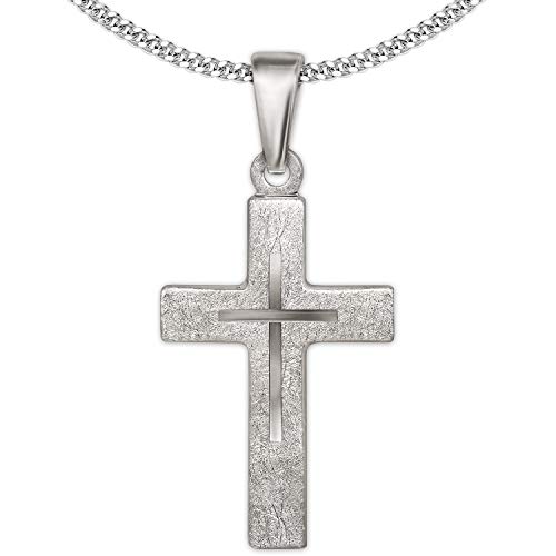 CLEVER SCHMUCK Halskette mit Kreuz 18 x 12 mm eismatt stilisierte Oberfläche Innenkreuz diamantiert, Schlaufe glänzend Kette Panzer 42 cm Sterling Silber 925 im Schmucketui von CLEVER SCHMUCK