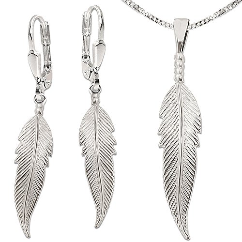 CLEVER SCHMUCK Set Silbernes Paar Ohrhänger Feder einzeln gebunden plastisch mit passendem Anhänger sowie Kette Panzer 50 cm STERLING SILBER 925 im Etui von CLEVER SCHMUCK