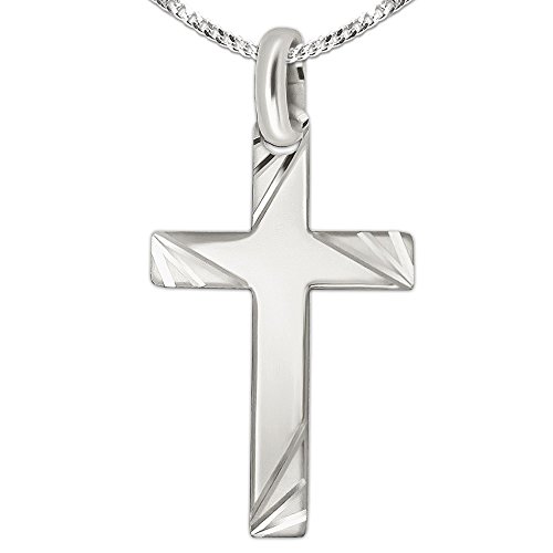 CLEVER SCHMUCK Set Silbernes großes Herren Kreuz 35 mm hochglänzend poliert mit Enden matt 3-fach aufgefächert diamantiert gemustert und Kette Panzer 50 cm lang STERLING SILBER 925 im Magnet Etui von CLEVER SCHMUCK