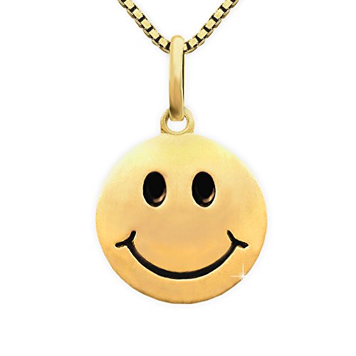 CLEVER SCHMUCK Set Vergoldeter Anhänger Ø 12 mm Smiley seidenmatt, Augen und Mund schwarz lackiert STERLING SILBER 925 gold-plattiert und vergoldeter Kette Venezia 45 cm im Etui sand von CLEVER SCHMUCK