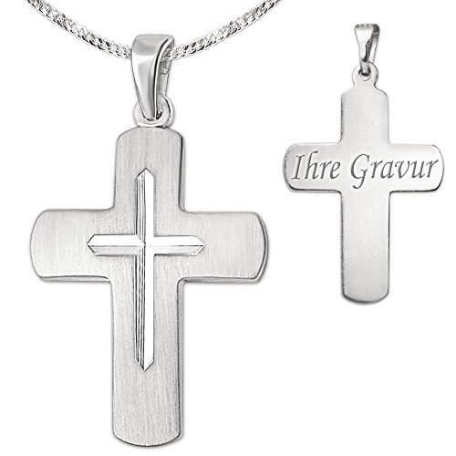 CLEVER SCHMUCK Set mit Gravur Silberner Anhänger Kreuz 24 mm matt innen diamantiert massiv und Kette glänzend Sterling Silber 925 mit Wunschgravur im Etui von CLEVER SCHMUCK