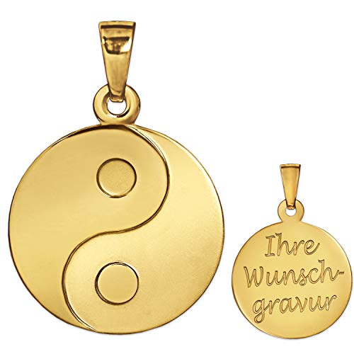 CLEVER SCHMUCK Set mit Gravur: Goldener Anhänger Yin Yang Ø 16 mm sedenmatt und glänzend 333 Gold 8 Karat von CLEVER SCHMUCK