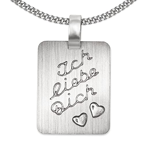 CLEVER SCHMUCKSet mit Gravur: Silberne Gravurplatte matt rechteckig, Ecken abgerundet Ich Liebe Dich mit 2X Herz & Kette Panzer 45 cm Sterling Silber 925 im Liebe Schmucketui von CLEVER SCHMUCK