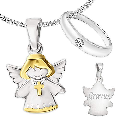 CLEVER SCHMUCK Set mit Gravur: Silberner Anhänger Kinderengel Bicolor mit Kreuz glänzend teilvergoldet inklusive Kette und persönlicher Gravur und Taufring, Alles wählbar Sterling Silber 925 mit Etui von CLEVER SCHMUCK