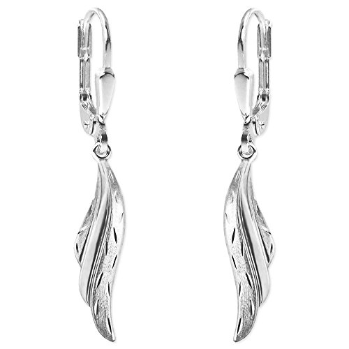 CLEVER SCHMUCK Silberne Damen Ohrringe als Ohrhänger 35 mm mit kleinem Fächer Flügel Welle 20 mm seidenmatt glänzend teils diamantiert Gemustert & plastische Form Sterling Silber 925 von CLEVER SCHMUCK