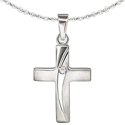 CLEVER SCHMUCK Silberne Kinder Halskette Silberkreuz 16 mm Bogen offen ein Zirkonia mittig teilmatt Kette 40 cm Sterling Silber 925 im Schmucketui von CLEVER SCHMUCK