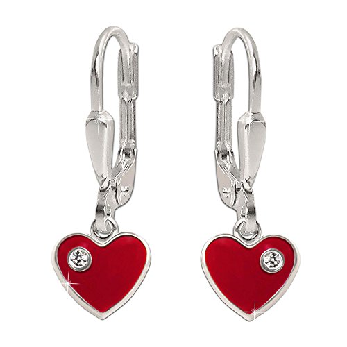 CLEVER SCHMUCK Silberne Kinder Ohrhänger 21 mm Mini Herz 6 mm rot lackiert mit Zirkonia weiß glänzend STERLING SILBER 925 für Mädchen im Etui rot von CLEVER SCHMUCK