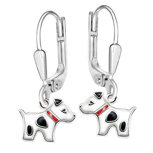 CLEVER SCHMUCK Silberne Kinder Ohrringe als Ohrhänger 21 mm kleine Hunde 8 mm weiß rot schwarz lackiert 925 Sterling Silber im Etui rosa von CLEVER SCHMUCK