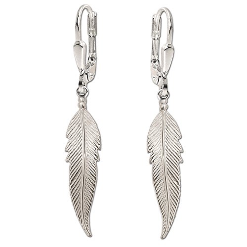 CLEVER SCHMUCK Silberne Lange Damen Ohrhänger 48 mm mit Feder 32 mm beidseitig plastische Form und glänzend Sterling Silber 925 im Schmucketui von CLEVER SCHMUCK