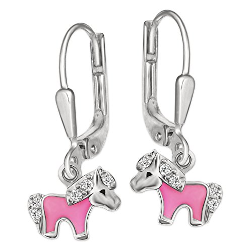 CLEVER SCHMUCK Silberne Mädchen Ohrringe als Ohrhänger 20 mm Mini Pony 5 mm, teils rosa lackiert mit kleinen Zirkonias glänzend Sterling Silber 925 im Etui rosa von CLEVER SCHMUCK