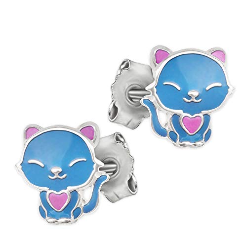 CLEVER SCHMUCK Silberne Mädchen Ohrstecker kleine lustige Katze mit Herz blau und rosa pink lackiert glänzend im Manga Japan Comic Stil STERLING SILBER 925 im Etui rosa von CLEVER SCHMUCK