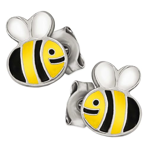 CLEVER SCHMUCK Silberne Mädchen Ohrstecker mit Biene gelb schwarz weiß lackiert glänzend 925 Sterling Silber im Schmucketui von CLEVER SCHMUCK
