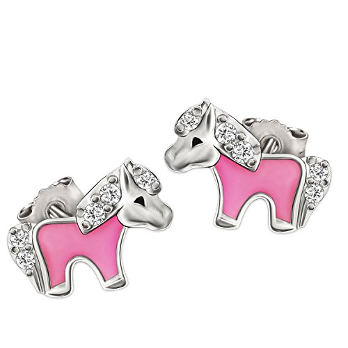 CLEVER SCHMUCK Silberne kleine Mädchen Ohrringe als Ohrstecker kleines Pony 8 x 5 mm teils rosa lackiert mit Mehreren Zirkonias glänzend Sterling Silber 925 von CLEVER SCHMUCK