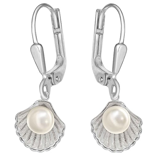 CLEVER SCHMUCK Silberne Muschel Ohrhänger 28 mm mit Perle weiß 5 mm glänzend 925er Sterling Silber für Damen im Schmucketui von CLEVER SCHMUCK
