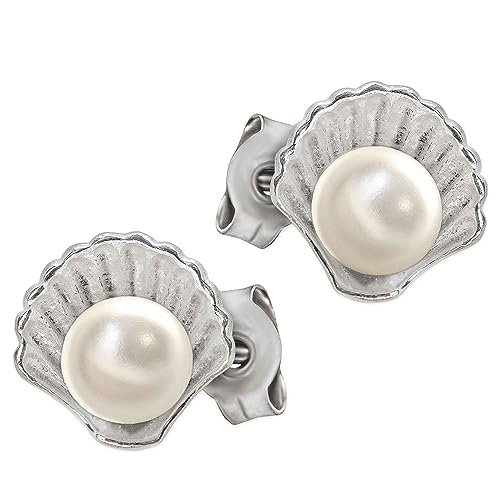 CLEVER SCHMUCK Silberne Muschel Ohrstecker 10 mm mit Perle weiß 5 mm 925er Sterling Silber für Kinder im Etui blau von CLEVER SCHMUCK