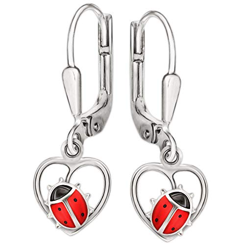 CLEVER SCHMUCK Silberne Marienkäfer Ohrringe als Ohrhänger 26 mm Käfer mit Füßchen im Herz sitzend 9 mm rot schwarz 925 STERLING SILBER für Kinder von CLEVER SCHMUCK