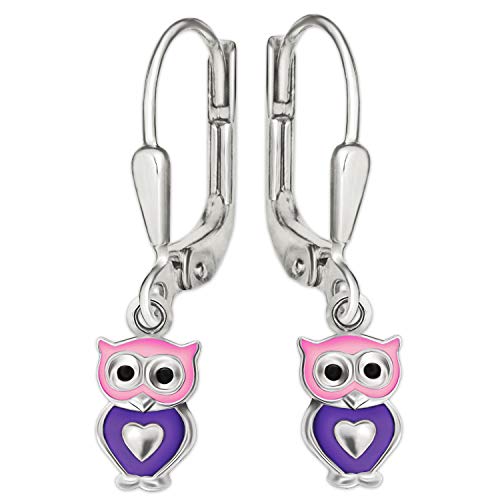 Clever Schmuck Silberne Kinder Ohrringe als Ohrhänger 24 mm kleine Eule 7 mm rosa violett lackiert mit Mini Herz glänzend Sterling Silber 925 für Mädchen im Etui rosa von CLEVER SCHMUCK