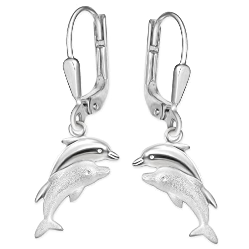 CLEVER SCHMUCK Silberne Delfin Ohrhänger 24 mm als Delfinpaar 11 mm matt und glänzend STERLING SILBER 925 für Damen oder Kinder im Schmucketui von CLEVER SCHMUCK