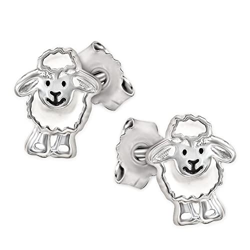 CLEVER SCHMUCK Silberne Damen Kinder Ohrstecker 9 mm Schaf lustig lachendes Gesicht weiß und schwarz lackiert glänzend STERLING SILBER 925 im Etui weiß von CLEVER SCHMUCK