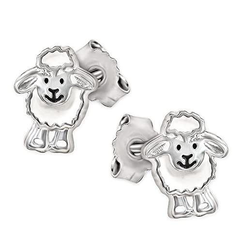 CLEVER SCHMUCK Silberne Damen Kinder Ohrstecker 9 mm Schaf lustig lachendes Gesicht weiß und schwarz lackiert glänzend Sterling Silber 925 im Schmucketui von CLEVER SCHMUCK