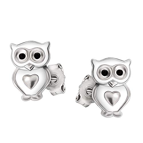 CLEVER SCHMUCK Silberne kleine Kinder Ohrstecker Mini Eule 6 x 5 mm weiß lackiert Augen schwarz mit Mini Herz glänzend Sterling Silber 925 im Etui weiss von CLEVER SCHMUCK