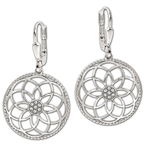 Clever Schmuck Silberne große lange Damen Ohrhänger Mandala Ø 22 mm Blume des Lebens, viele Zirkonia in der Mitte und gedrehtem Rand glänzend STERLING SILBER 925 im Etui von CLEVER SCHMUCK