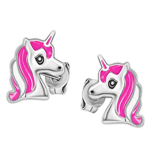 Clever Schmuck Silberne kleine Mädchen Ohrringe als Ohrstecker kleiner Einhorn Kopf 10 x 7 mm pink weiß lackiert glänzend mit schwarzen Augen STERLING SILBER 925 von CLEVER SCHMUCK