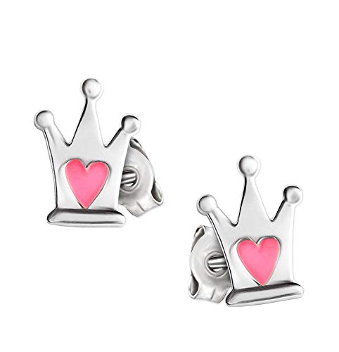 CLEVER SCHMUCK Silberne kleine Mädchen Ohrstecker Prinzessinnen Krone Herz rosa pink lackiert glänzend STERLING SILBER 925 von CLEVER SCHMUCK