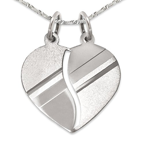 CLEVER SCHMUCK Damen Halskette Herz Anhänger Herz 16 mm teilbar matt und glänzend diamantiert mit schrägen Linien sowie Kette Singapur 45 cm Sterling Silber 925 im Etui Rot Ich liebe Dich von CLEVER SCHMUCK