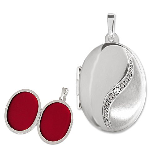 CLEVER SCHMUCK Silberner Anhänger Medaillon oval 21 x 16 mm seidenmatt und glänzend, geschwungener Bogen mit Zirkonia STERLING SILBER 925 für 2 Bilder im Etui weiß von CLEVER SCHMUCK